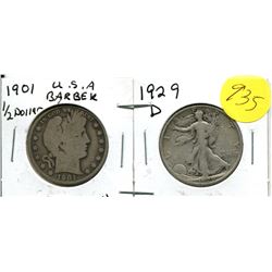 1901 USA BARBER HALF DOLLAR, 1929D USA LIBERTY WALKING HALF DOLLAR