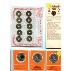 OLD CHINESE COIN COLLECTION SET, THREE LAS VEGAS FRANKLIN MINT TOKENS, LINCOLN-KENNEDY PENNY