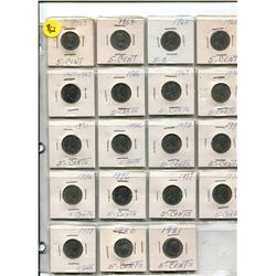 PAGE OF CANADIAN FIVE CENT COINS 1963-1981, CANADIAN FIVE CENT COINS AND US TEN CENT COINS