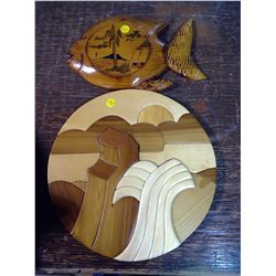 2 WOODEN PLAQUES - FISH + WHEAT (ELEVATOR)