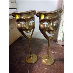 2X BRASS MASKS ON STANDS