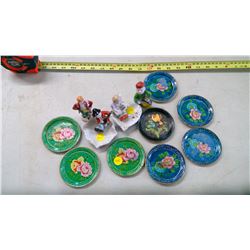 8 COASTERS AND MADE IN OCCUPIED JAPAN ORNAMENTS