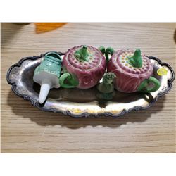 SILVER PLATTER W/ 4 PIECE FROG LOT