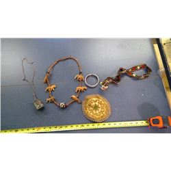 WOODEN NECKLACE AND TRINKETS