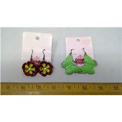 GREEN BUTTERFLY EARRINGS AND RED AND YELLOW FLOWER EARRINGS