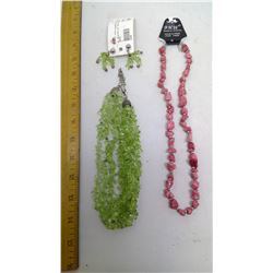 PINK GEMSTONE NECKLACE, GREEN MULTISTRAND NECKLACE W/ MATCHING EARRINGS