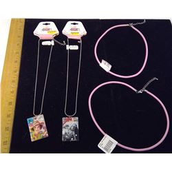 2 NECKLACES W/ SQUARE JEWELED PENDANTS/ AND TWO PINK NECKLACE CORDS AND CLASPS