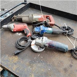 FOUR POWER TOOLS MILWAUKEE SAWZALL AND DRILL WITH MAKITA AND BOSCH ANGLE GRINDERS