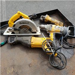 4 DEWALT TOOLS SKILSAW, HAMMER DRILL, DEPRECATING SAW AND ANGLE GRINDER