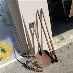 COAL SHOVEL, POST HOLE SHOVEL, AND RAKE