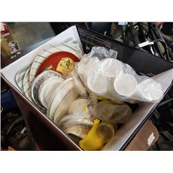 BOX OF DISPOSABLE PLATES, CUPS, AND CUTTLERY