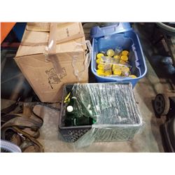 LARGE BOX AND GREEN CRATE OF GREEN PLASTIC BOTTLES W/ LIDS