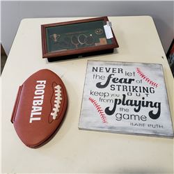 TENNIS SHADOW BOX, BASEBALL PLAQUE, AND NFL FOOTBALL BOOK