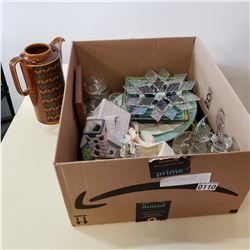 BOX OF GLASSWARE, SERVING PLATES, GLASS SNOWFLAKE