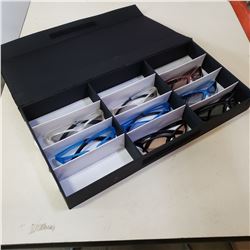 CASE OF SUNGLASSES IN CASE W/ FAN AND LIGHT CARDS