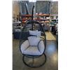Image 2 : BRAND NEW OUTDOOR MODERN FOLDABLE HANGING CHAIR W/ GREY CUSHIONS - RETAIL $949 AND RATED FOR 300LBS