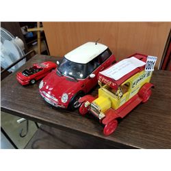 DIE CAST MINI COOPER, LEPAGE COIN BANK, AND MUSTANG CAR