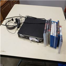 DVD PLAYER, 4 BLURAYS, PS3 GAMES, AND HEAD SET