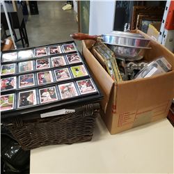 BOX OF VINTAGE COLLECTIBLES AND 2 WICKER BASKETS AND BASEBALL CARDS