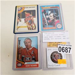 3 1970 OPEECHEE HOCKEY CARDS HENRI RICHARD, KEN DRYDEN, GUY LEFLEUR, AND GUY LEFLEUR COIN