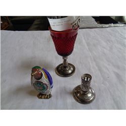 2 STERLING BASE CANDLE HOLDERS AND CLOISONNE PENGUIN