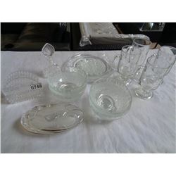 ETCHED GLASS MUGS, PLATES, BOWLS, AND HOLDER