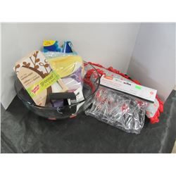 STORE RETURN (AS IS):  GLASS BOWL WITH CLEANING CLOTHS, DOLL BEDDING, PLASTIC GLASSES, ETC