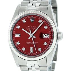 Rolex Mens Stainless Red Diamond 36MM Datejust Wristwatch