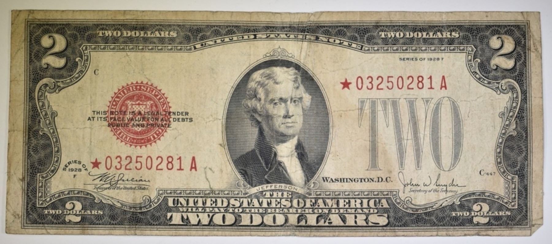 1928 2 RED SEAL STAR NOTE LEGAL TENDER