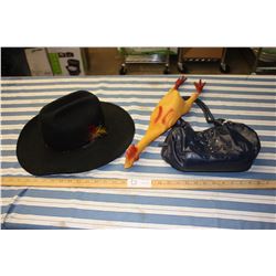 Hat (7 3/8th), Rubber Chicken and Small Purse