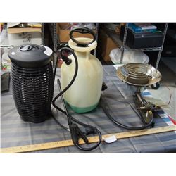 Singer Bug Zapper (Needs Bulb), Sprayer, Mr.Heater and Propane Tank Heater