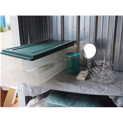 Rubber Maid Totes with Lids, Mirror, Carbon Monoxide Alarm and misc