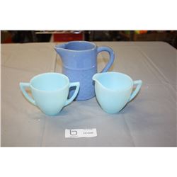 Medalta Pitcher and Blue Pyrex Cream and Sugar Dishes