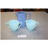Image 1 : Medalta Pitcher and Blue Pyrex Cream and Sugar Dishes