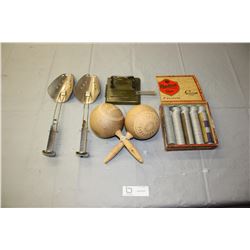 2 Silver Metal Shoe Trees, Handmade Maracas, Cigar Box of Metal Chips and 2 Hole Punch