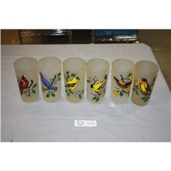 6 Frosted Hand Painted Tall Glasses of Bird Varieties