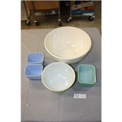 Lot of 2 Blue Pyrex Dishes, 1 Green 15 Pyrex Bowl and 2 Misc Dishes