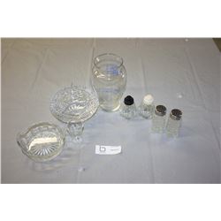 SK Golden Jubilee Vase, Small Pinwheel Crystal Ash Tray, Salt and Pepper Shakes and Candy Dish