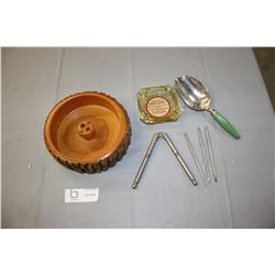 Wooden Nut Bowl with 3 Picks and Nut Cracker, Ash Tray and Flour Scoop