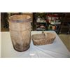 Image 1 : Vintage Wooden Barrel 18" T and 10" Diameter and Vintage Wooden Basket