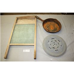 Vintage Washboard, Cast Iron Skillet and Drain Cover