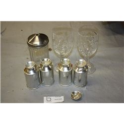 Salt and Pepper Shakers, Sugar Container, and 2 Glasses