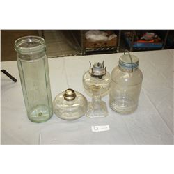 2 Oil Lamps (No Shades) a Jar with Lid and Glass Piece