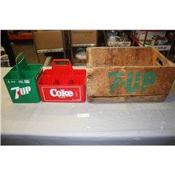 1975 Wooden 7Up Saskatoon Crate 19.5" by 12.25" by 10" T and Plastic Coca-Cola & 7Up Bottle Carriers