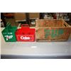 Image 1 : 1975 Wooden 7Up Saskatoon Crate 19.5" by 12.25" by 10" T and Plastic Coca-Cola & 7Up Bottle Carriers