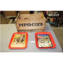 Pepsi-Cola Wooden Saskatoon Crate 19" by 12" by 10" T and 2 1991 Coca-Cola Trays