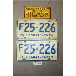Pair of Matching SK 76 License Plates and Transport Eqpt Co. License Plate