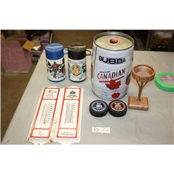 2 1970s Thermal Mugs, 2 Thermometers, Molson Lager Mini Keg and Misc