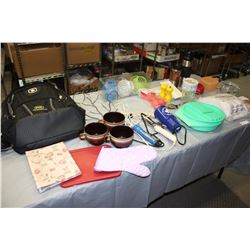 Table Lot of House Items: Bagel Slicer, New Multi Liquid Dispenser, Backpack and Etc.