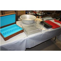 Table Lot of Metal Stand, Car Window Blinds, Storage Box and Misc